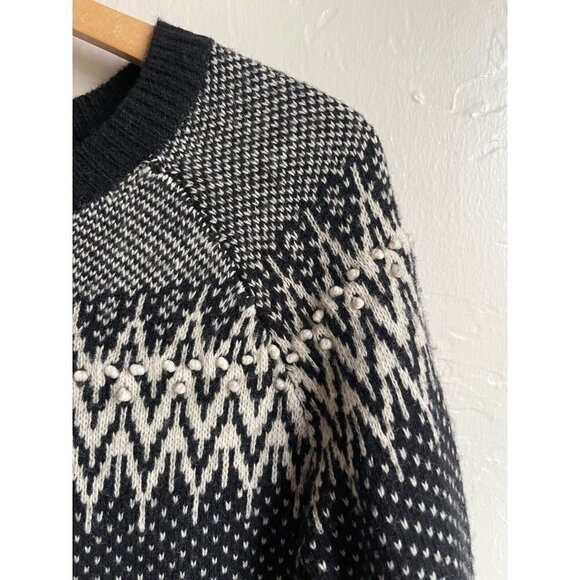 Willi Smith Black White Lambswool Blend Pom Pom Crewneck Pullover Sweater Size M - Picture 4 of 6